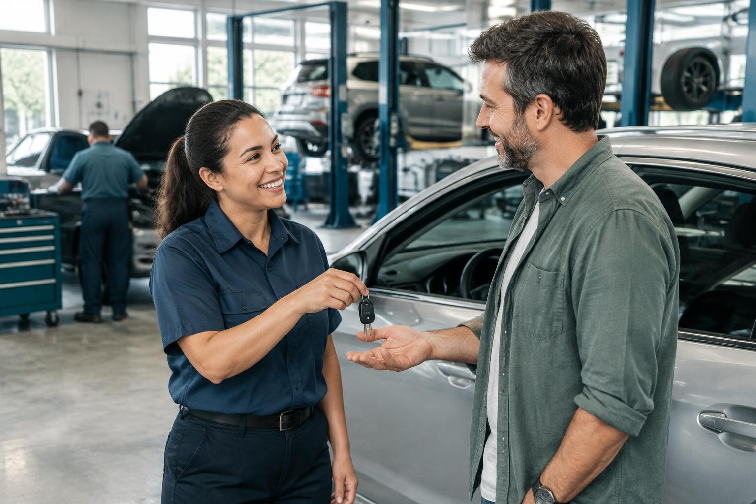 Auto service advisor returning car keys to a smiling customer in a busy repair shop