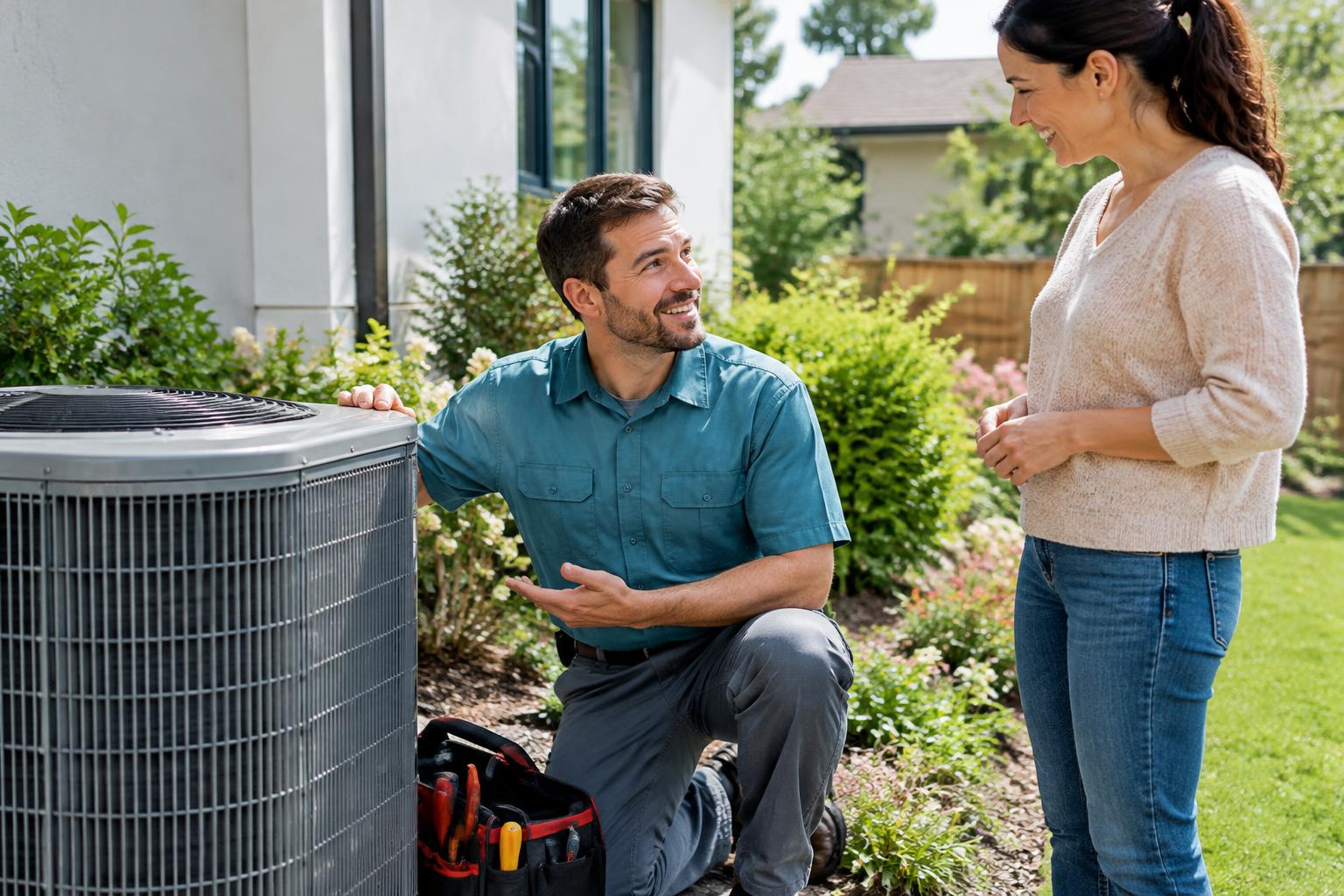HVAC technician discussing air conditioner maintenance with a homeowner