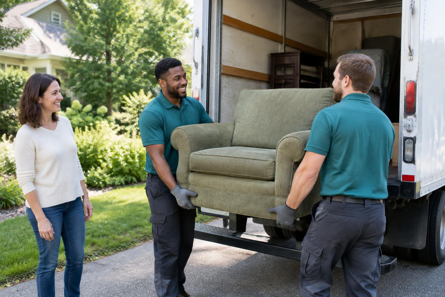Junk removal crew loading an armchair into a truck while a happy homeowner looks on