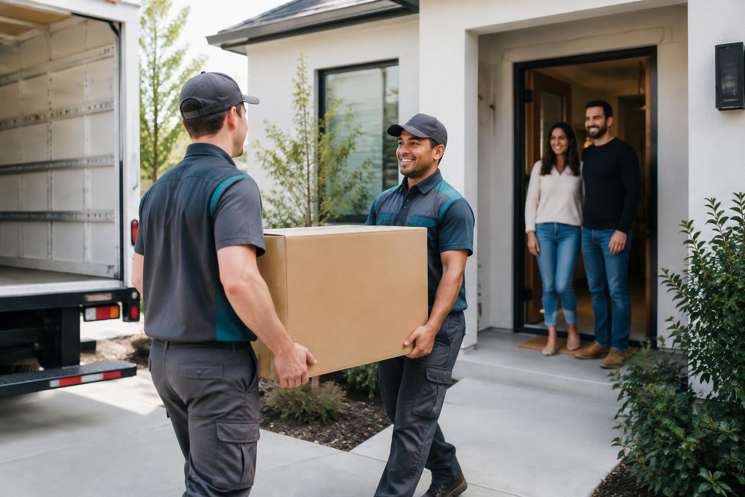 Professional movers delivering a box to a couple at their new home