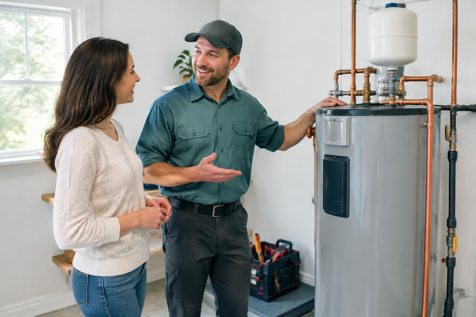 Plumber explaining a water heater installation to a satisfied homeowner