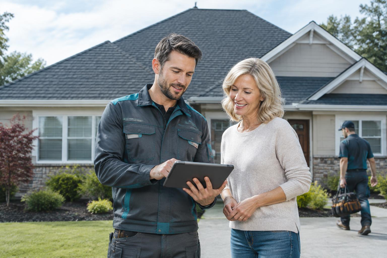 Roofing contractor reviewing a completed roof project with a smiling homeowner